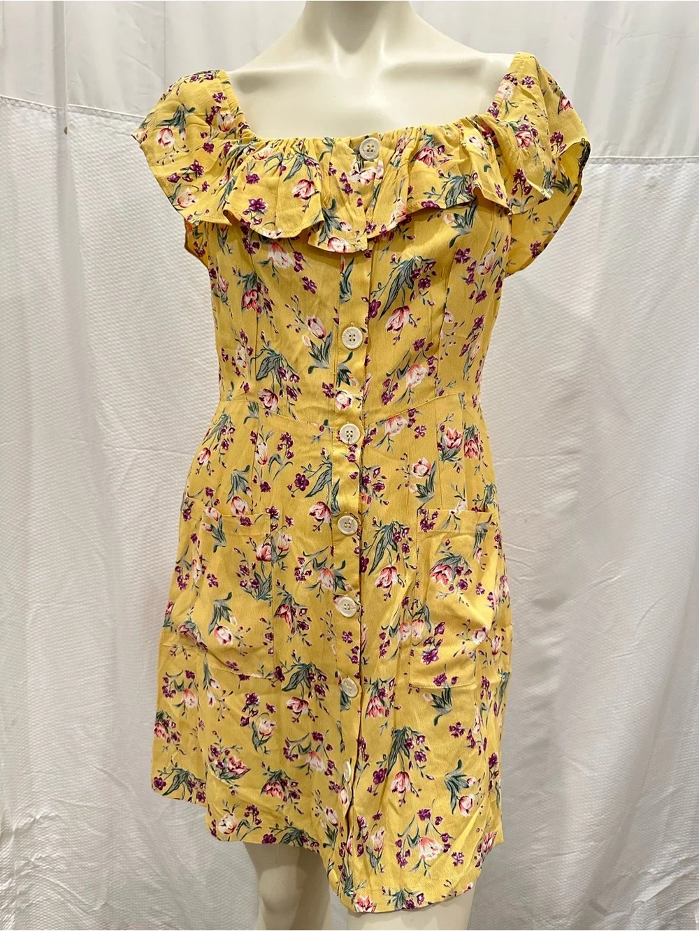 Topshop Yellow Floral Off-Shoulder Button-Front Mini Dress